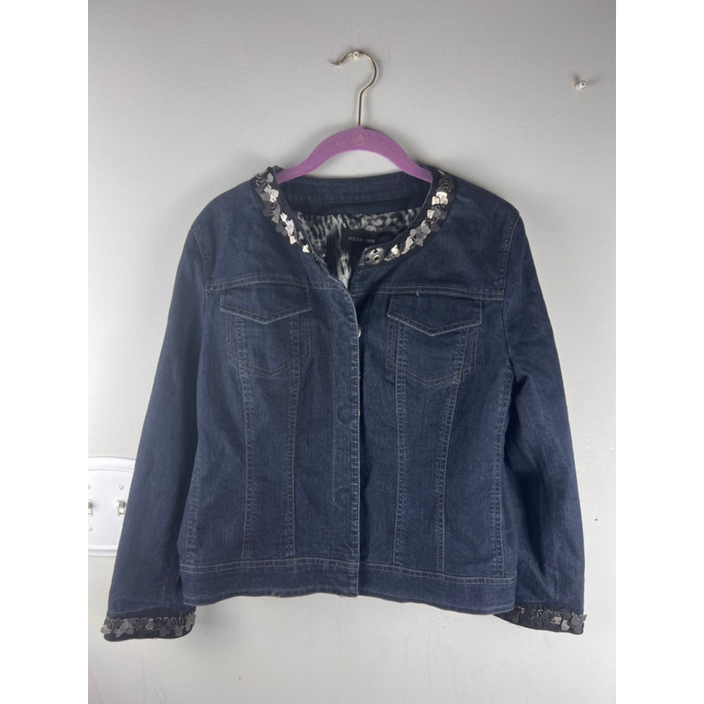 Focus 2000 Denim Jacket Womens 10 Embellished Collar Snap Button Stretch